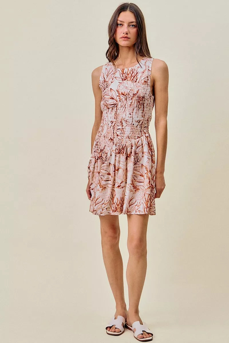 SO ME Shell Print Smocked Fit And Flare Mini Lined Dress