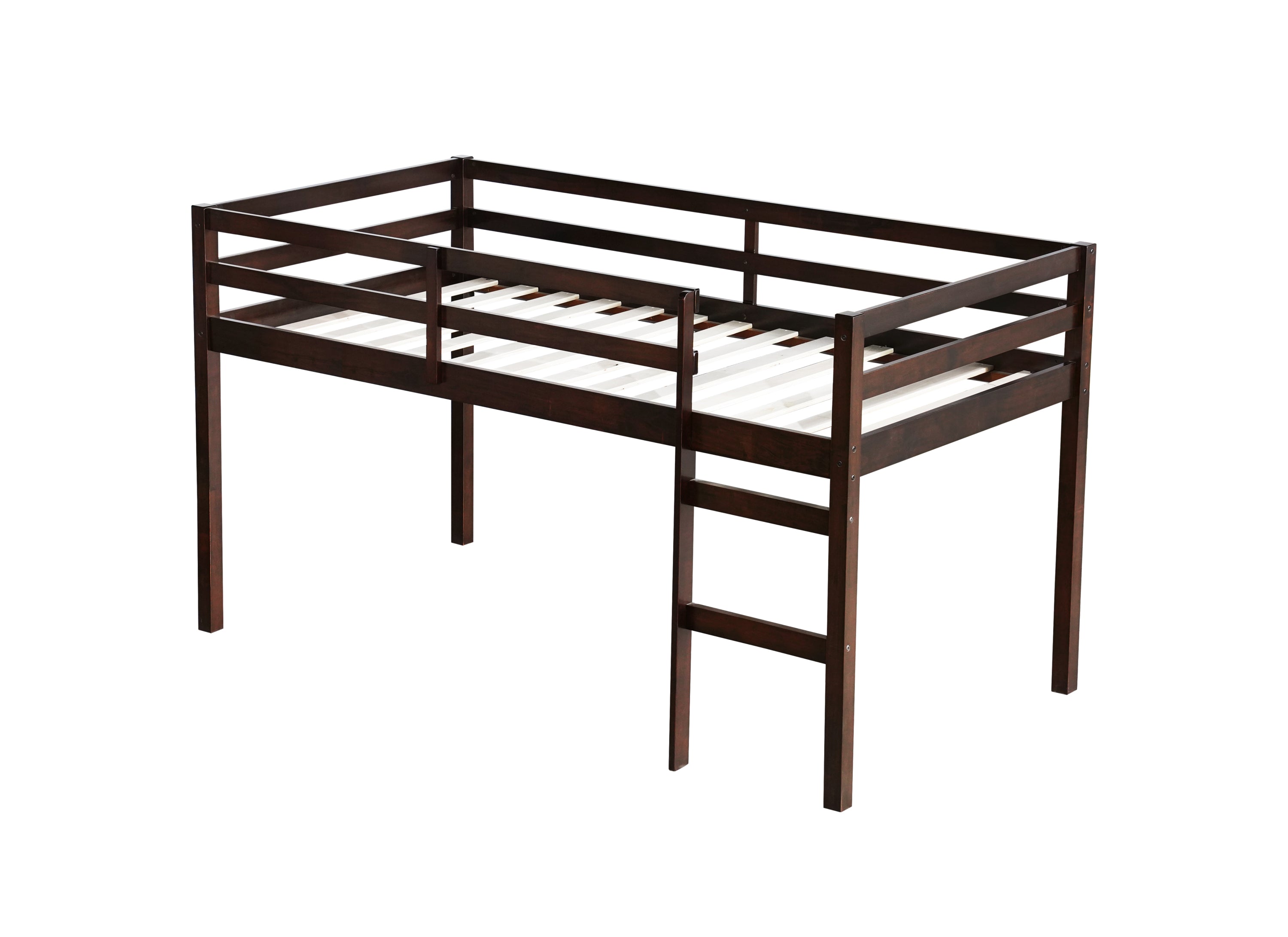 Solid Wooden, Rubber Wooden Twin Loft Bed with Ladder, Bed Platform of Strengthened Slats , Espresso
