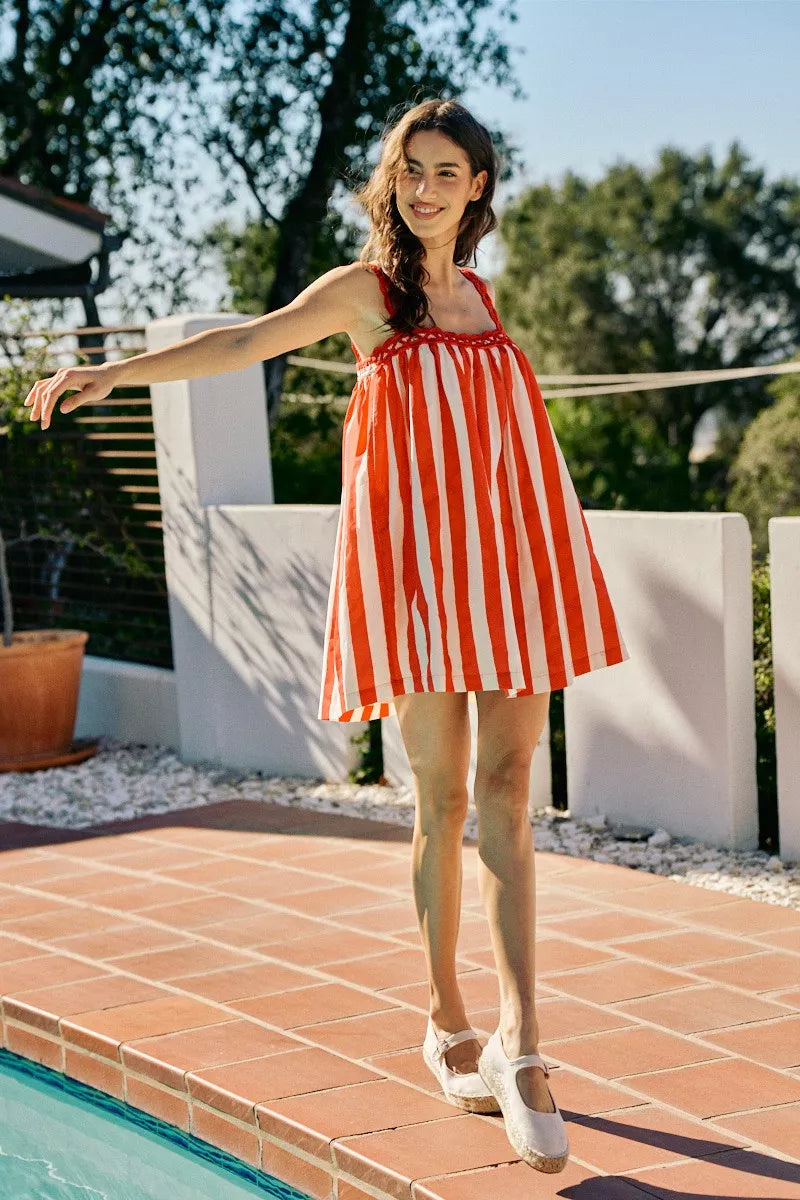 SO ME Stripe Cotton Scallop Side Pocket Lined Mini Dress