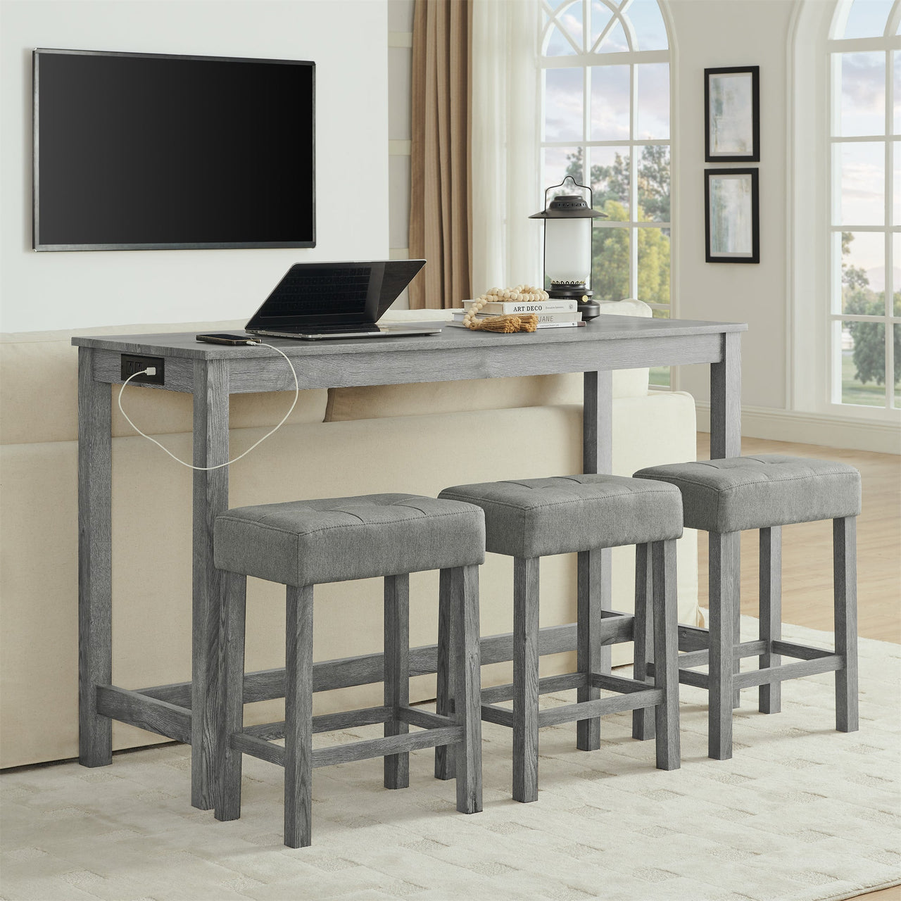 59 Inch Bar Table, Dining Table, Sofa Table with Power Outlet, 3 Upholstered Stools, 4 Piece Bar Table and Chair Set for Living Room, Dining Room, Kitchen