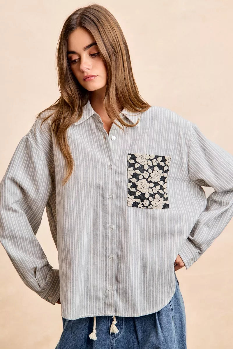 BiBi Flower Jacquard Knit Patch Pocket Stripe Shirt