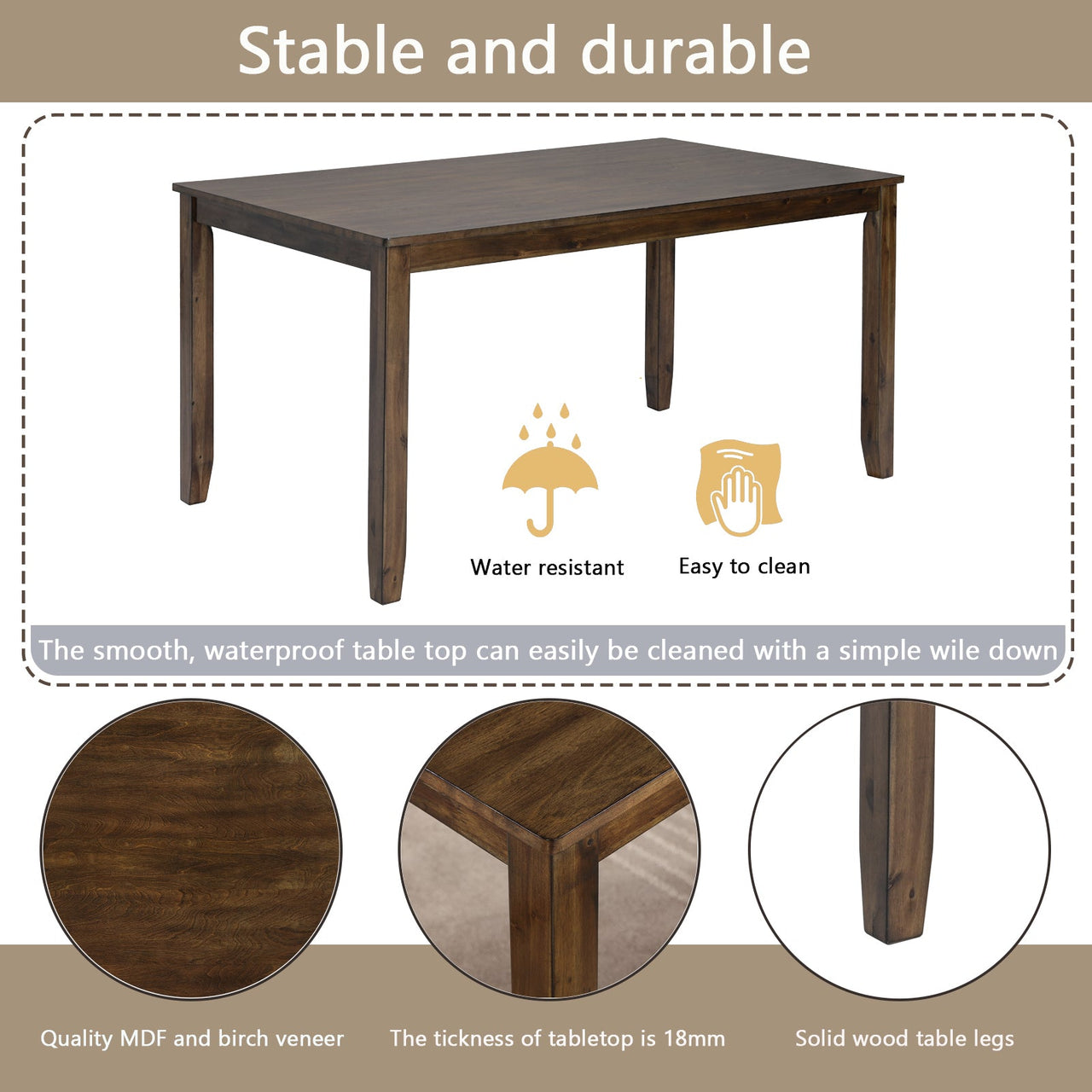 6PCs Kitchen Dining Set, Rectangular Wooden Dining Table with 4 Upholstered Chairs and a Bench, Dining Table Set for 6 People, Living Room, Home Bar and Kitchen, Walnut