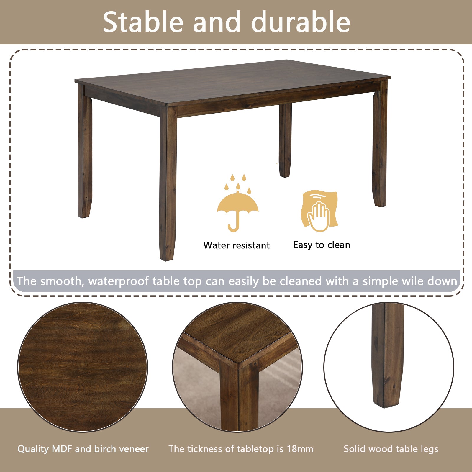 6PCs Kitchen Dining Set, Rectangular Wooden Dining Table with 4 Upholstered Chairs and a Bench, Dining Table Set for 6 People, Living Room, Home Bar and Kitchen, Walnut