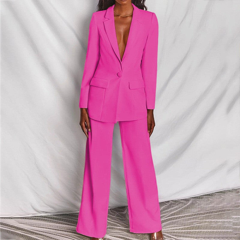 2pcs Casual Suit Lapel Button-down Blazer Jacket And Straight-leg Pants Office Commuting Business Trousers Set Clothing (See size chart where applicable)