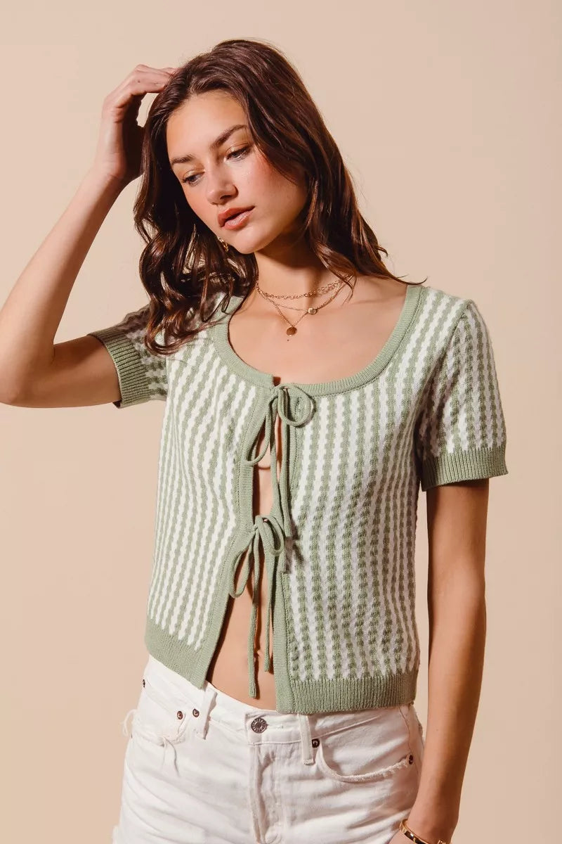 SO ME Tie Front Textured Vertical Stripe Knit Cardigan