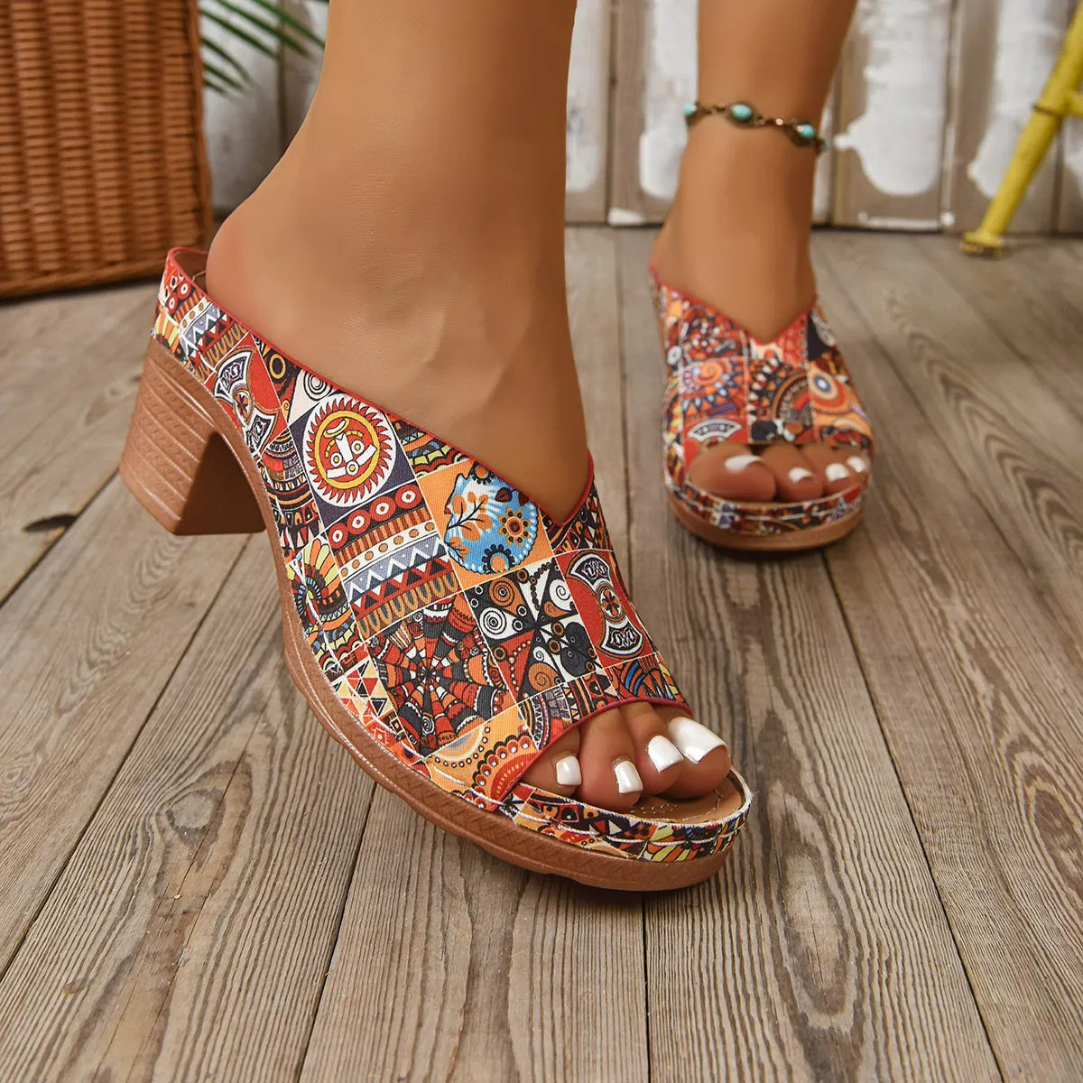 Printed Open Toe Block Heels Sandals