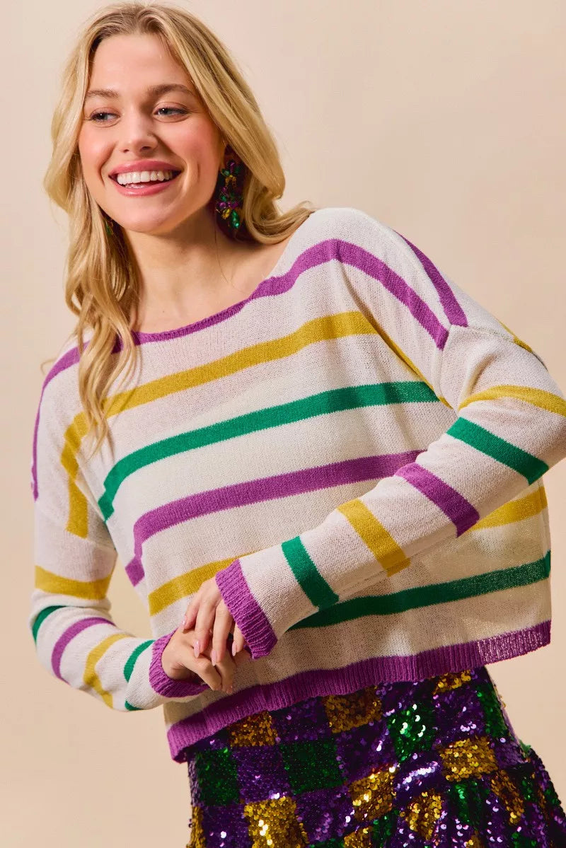 SO ME Mardi Gras Color Stripe Lightweight Sweater Top