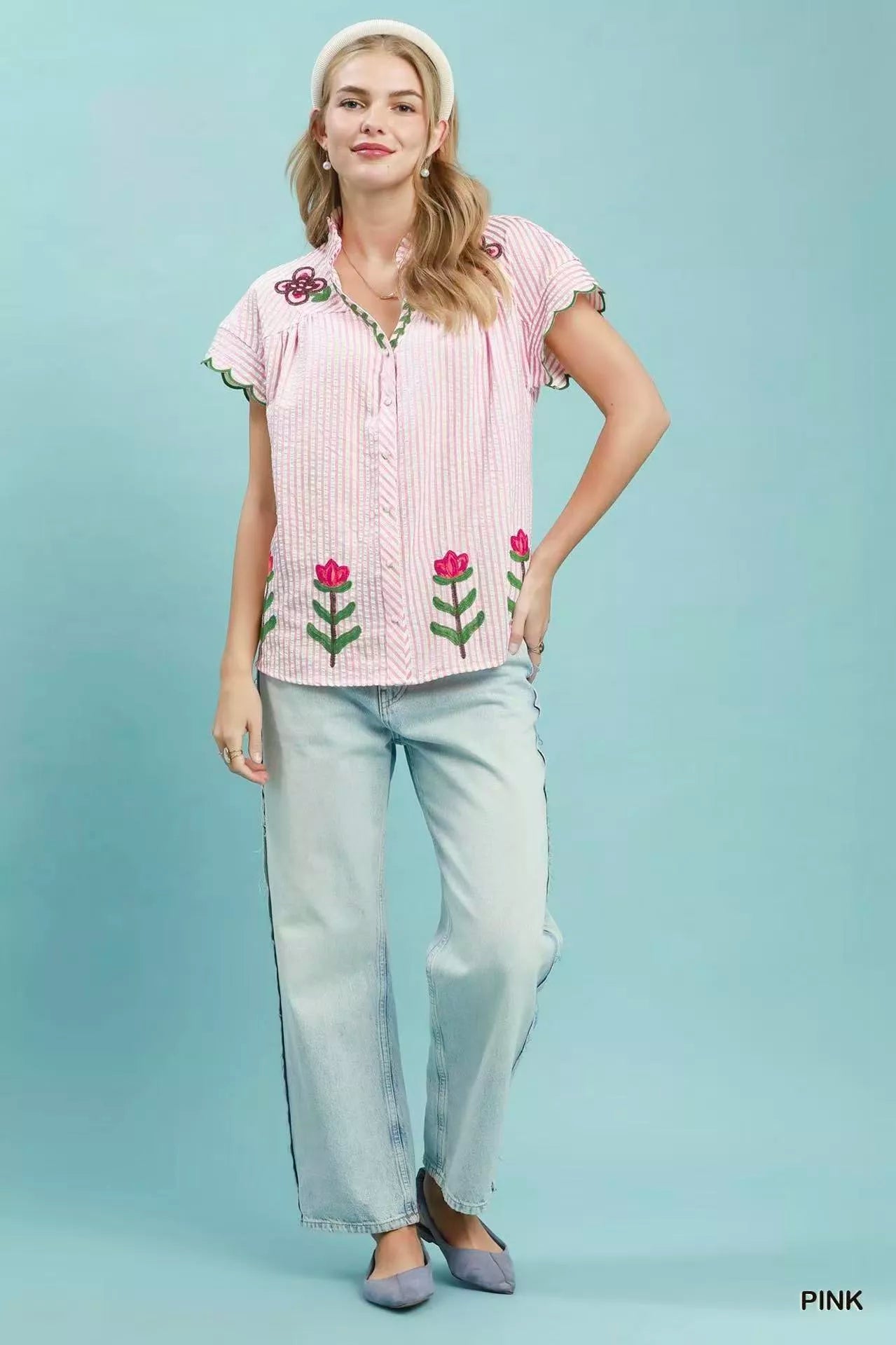 Umgee Embroidered Stripe Button Front Top