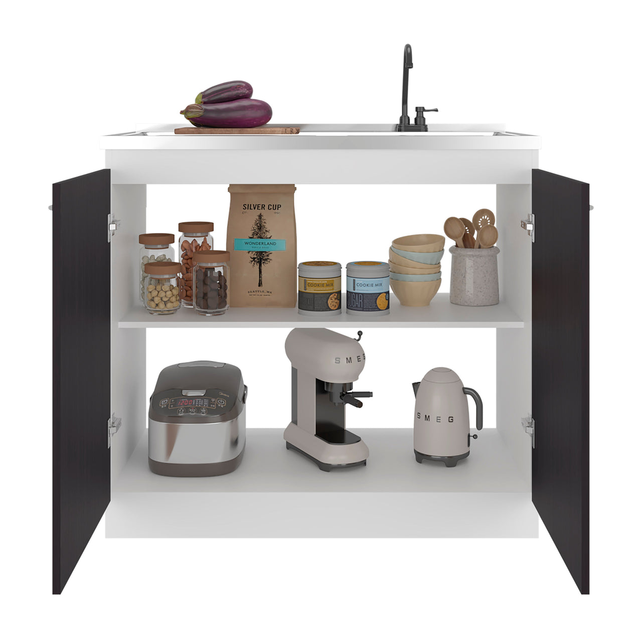 Salento Freestanding Sink, Double Door Cabinet, Two Shelves, White / Black Wengue