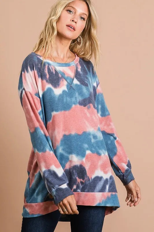 BiBi Tie Dye French Terry Pull Over with Front Stitching Detail