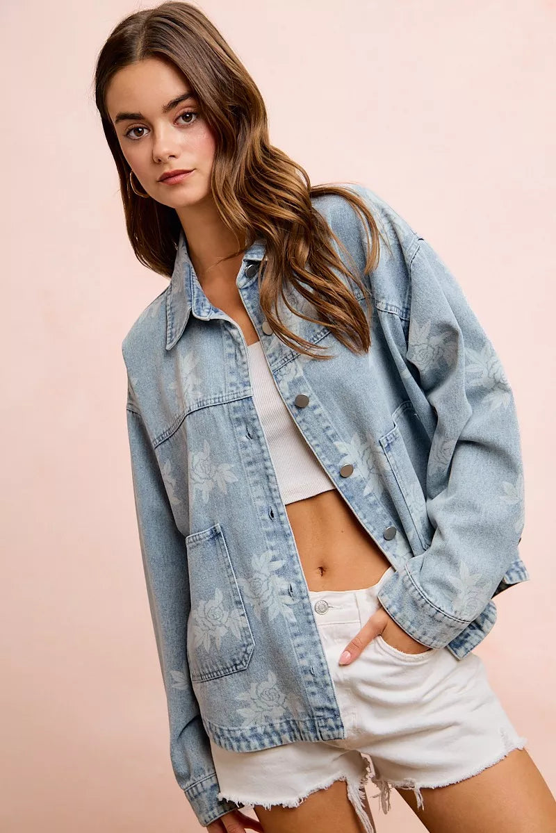 BiBi Printed Washed Denim Jacket With Pocket