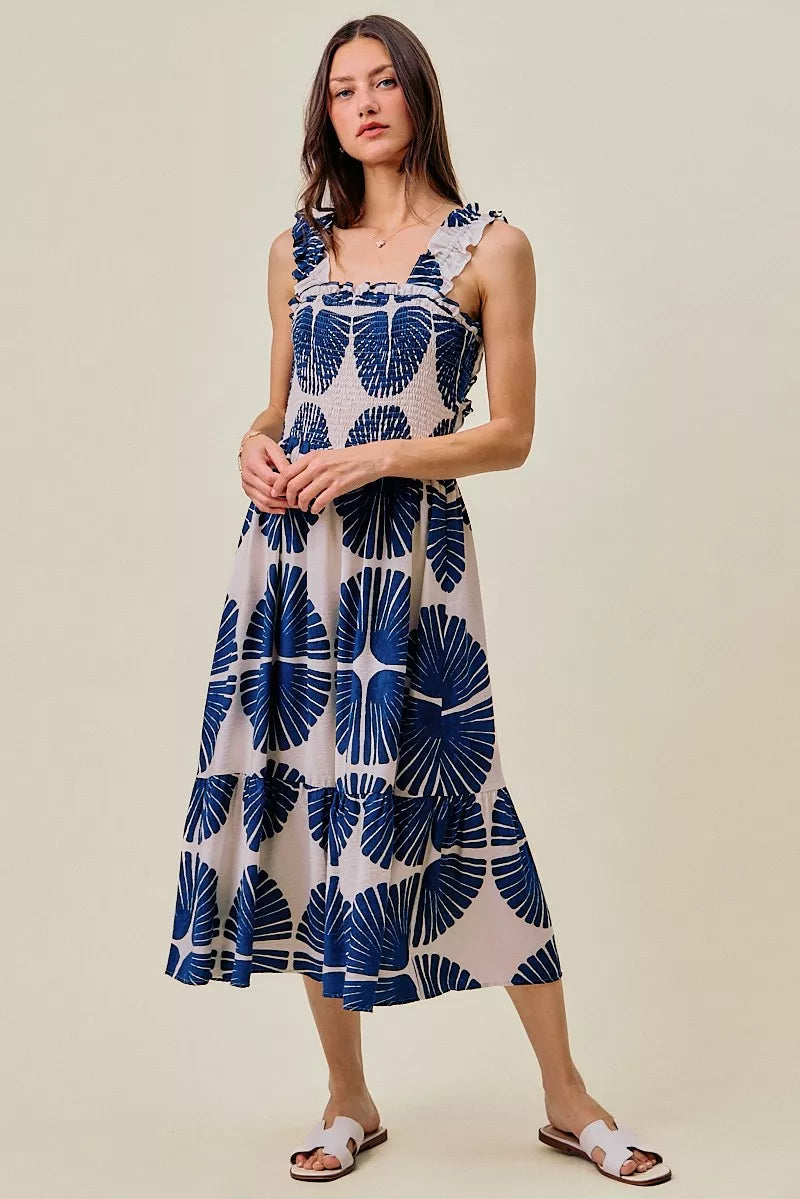 SO ME Abstract Print Smocked Bodice Tiered Lined Midi Dress