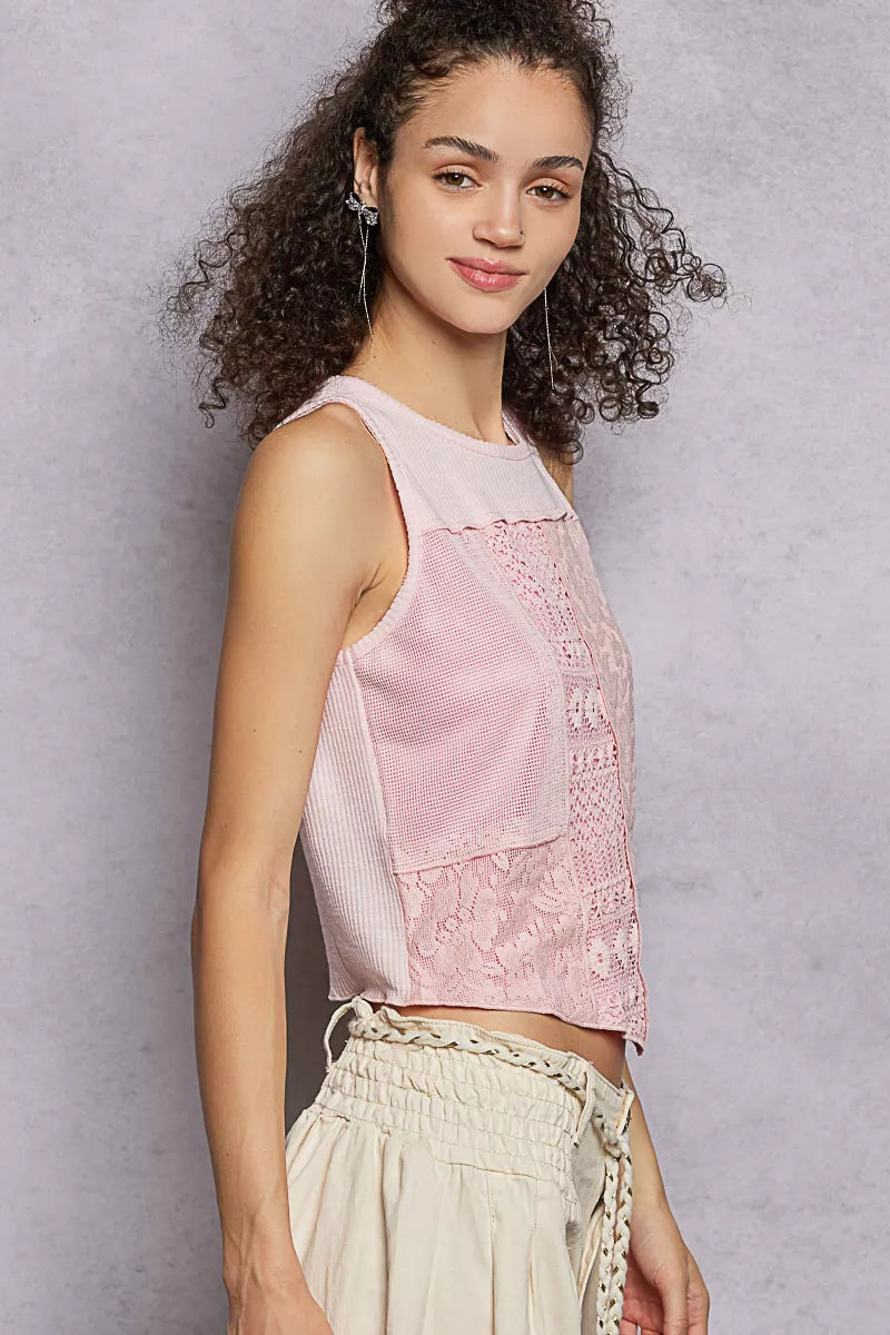 POL Ribbed Round Neck Cropped Tank with Lace Detail