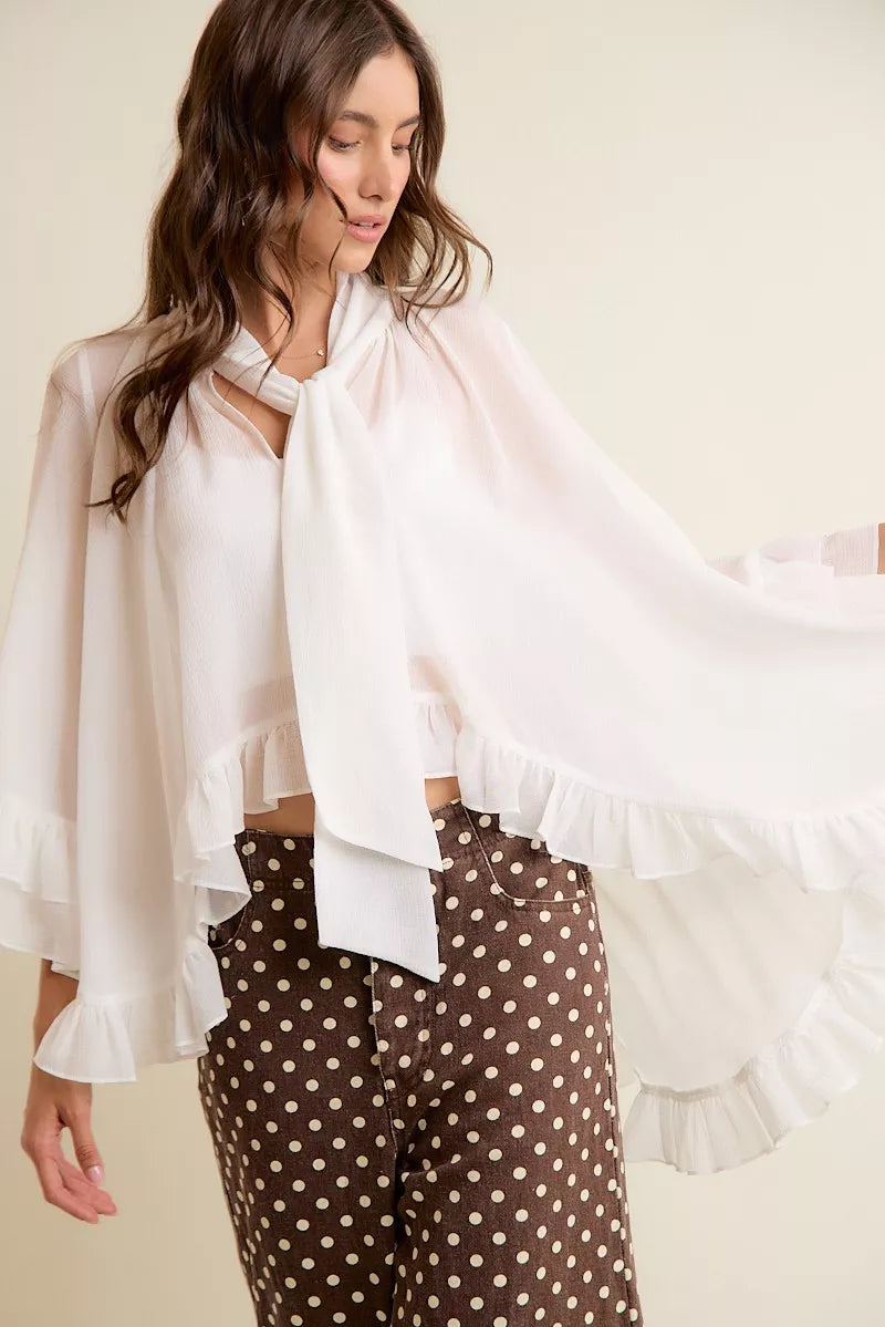 SO ME Sheer Ruffle Bell Sleeves Bow Tie Flowy Blouse Top