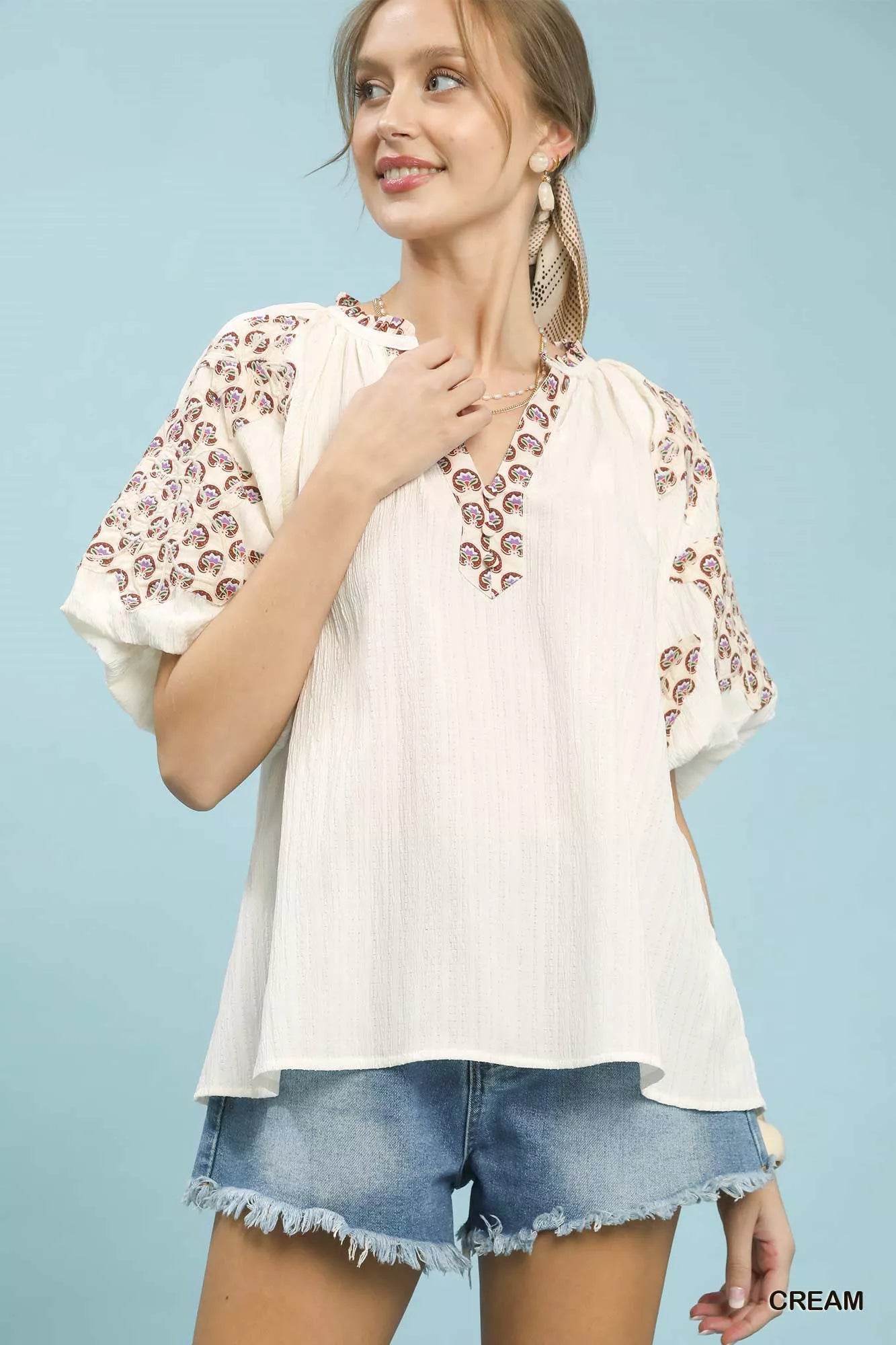 Umgee Embroidered Sleeve Contrast Trim Top