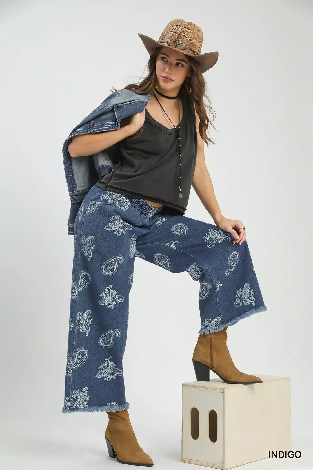 Umgee Denim Paisley Wide-Leg Pants