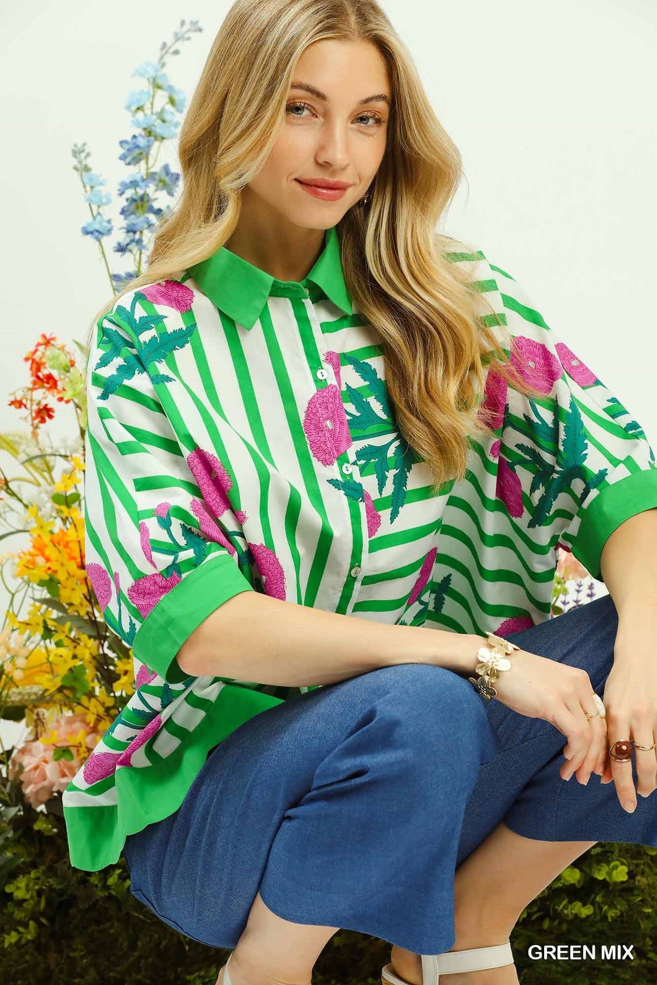 Umgee Mix Floral Stripe Button Down Top