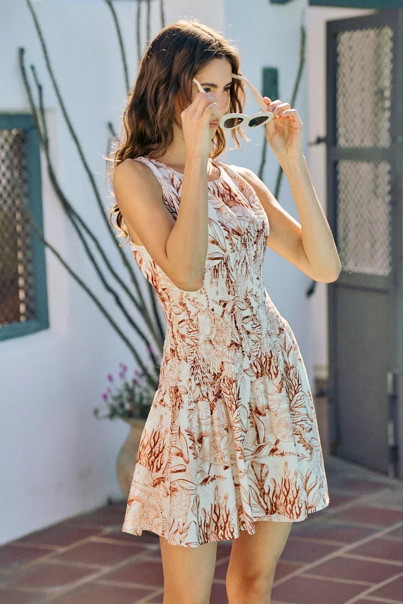 SO ME Shell Print Smocked Fit And Flare Mini Lined Dress