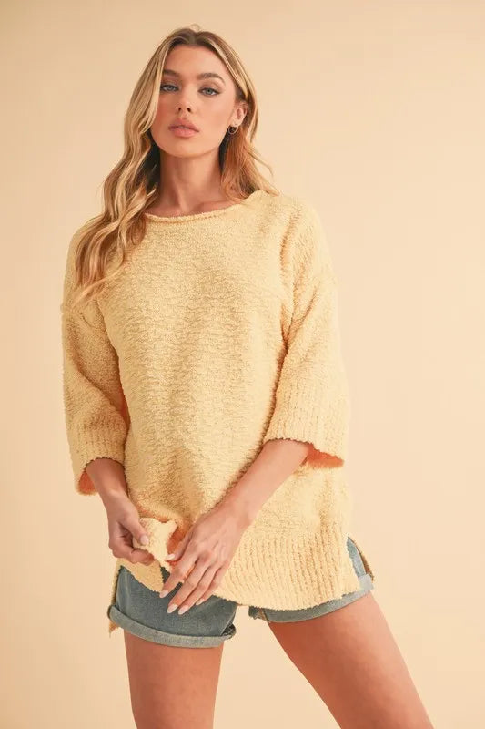 Aemi + Co Side Slit Ribbed Hem Round Neck Sweater