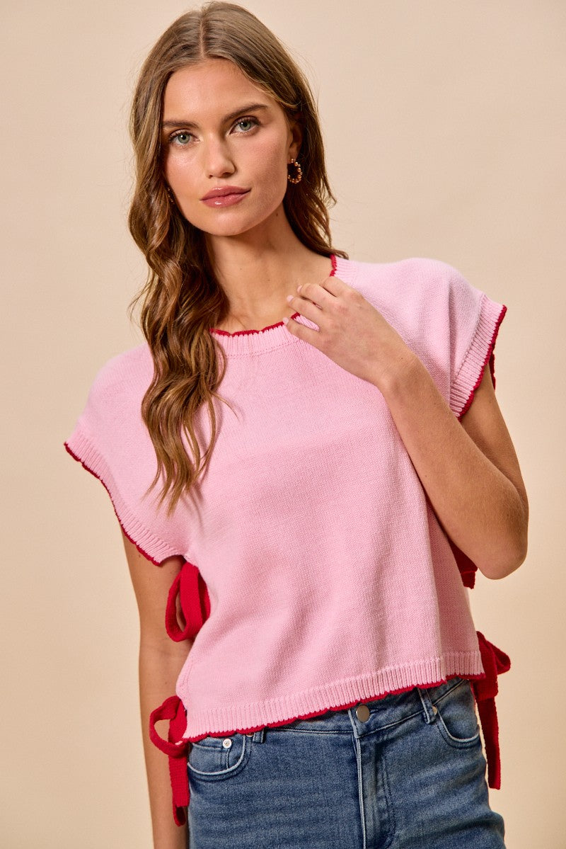 SO ME Lightweight Sweater Dolman Side Ribbon Tie Top