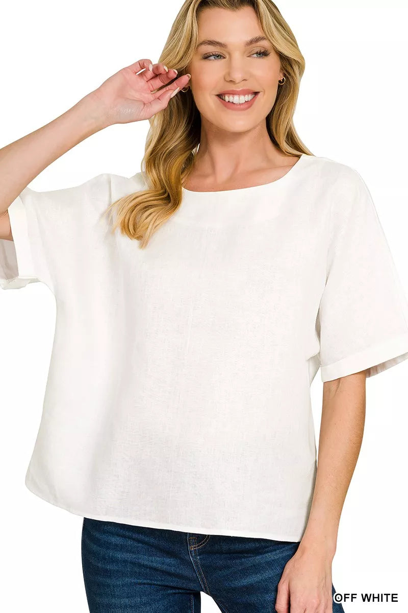 Zenana Linen Round Neck Cuffed Sleeve Top