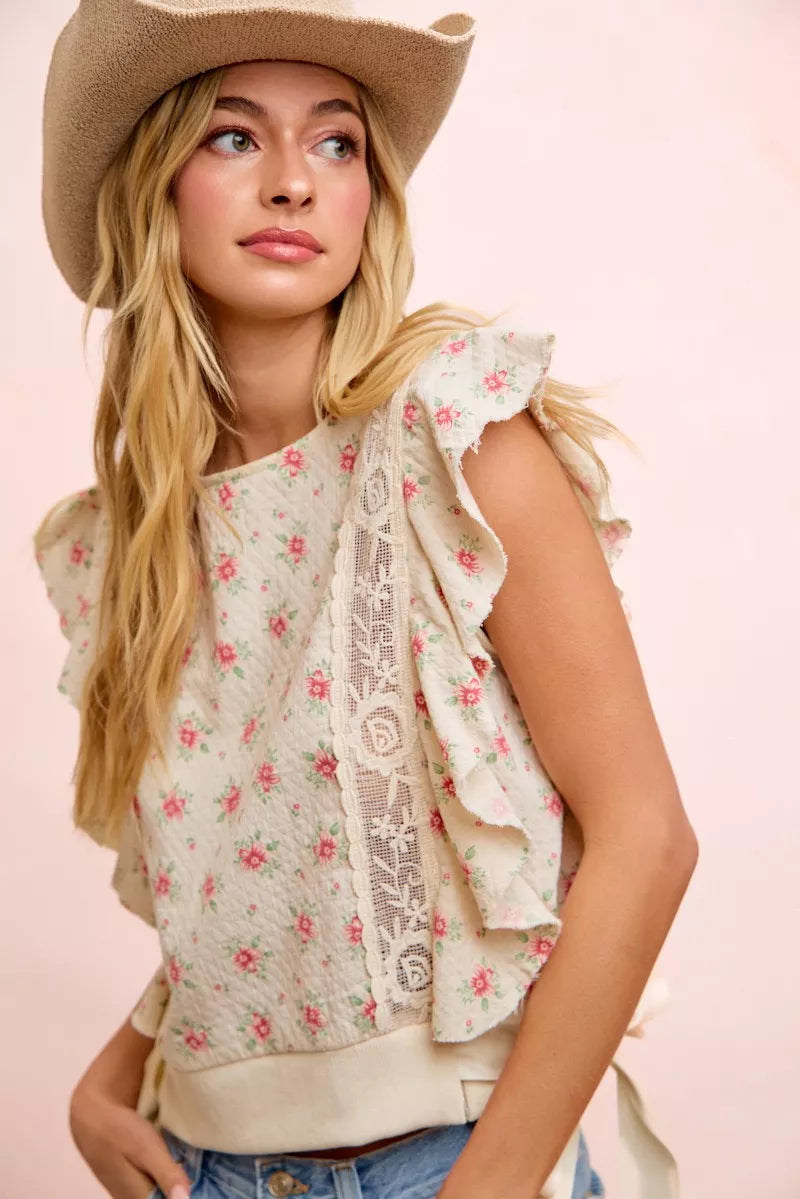 BiBi Flower Printed Ruffle Sleeve Trim Detail Top