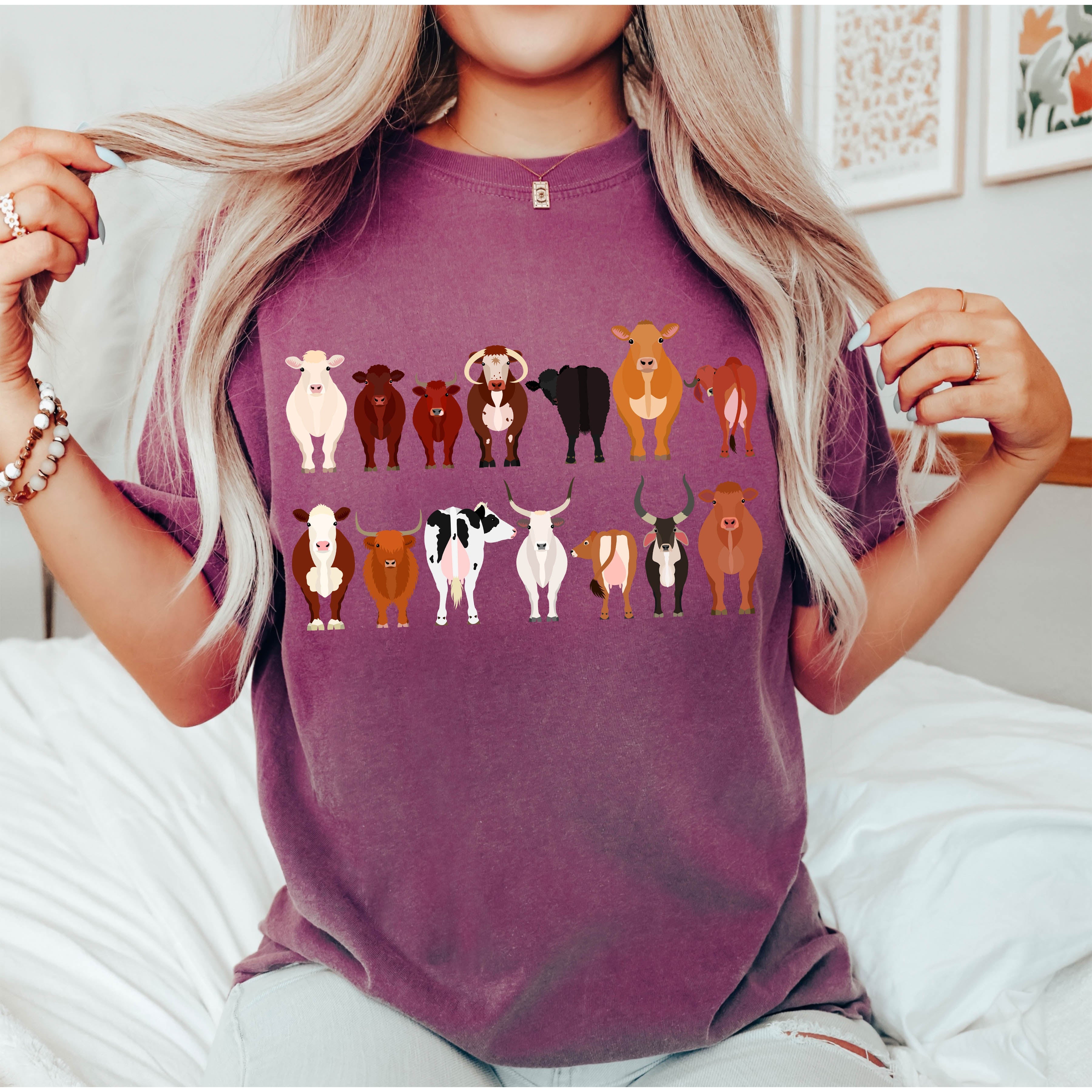 Cow Lovers Farm Animal Illustration With Multiple Cow Breeds Art Comfort Colors Tee