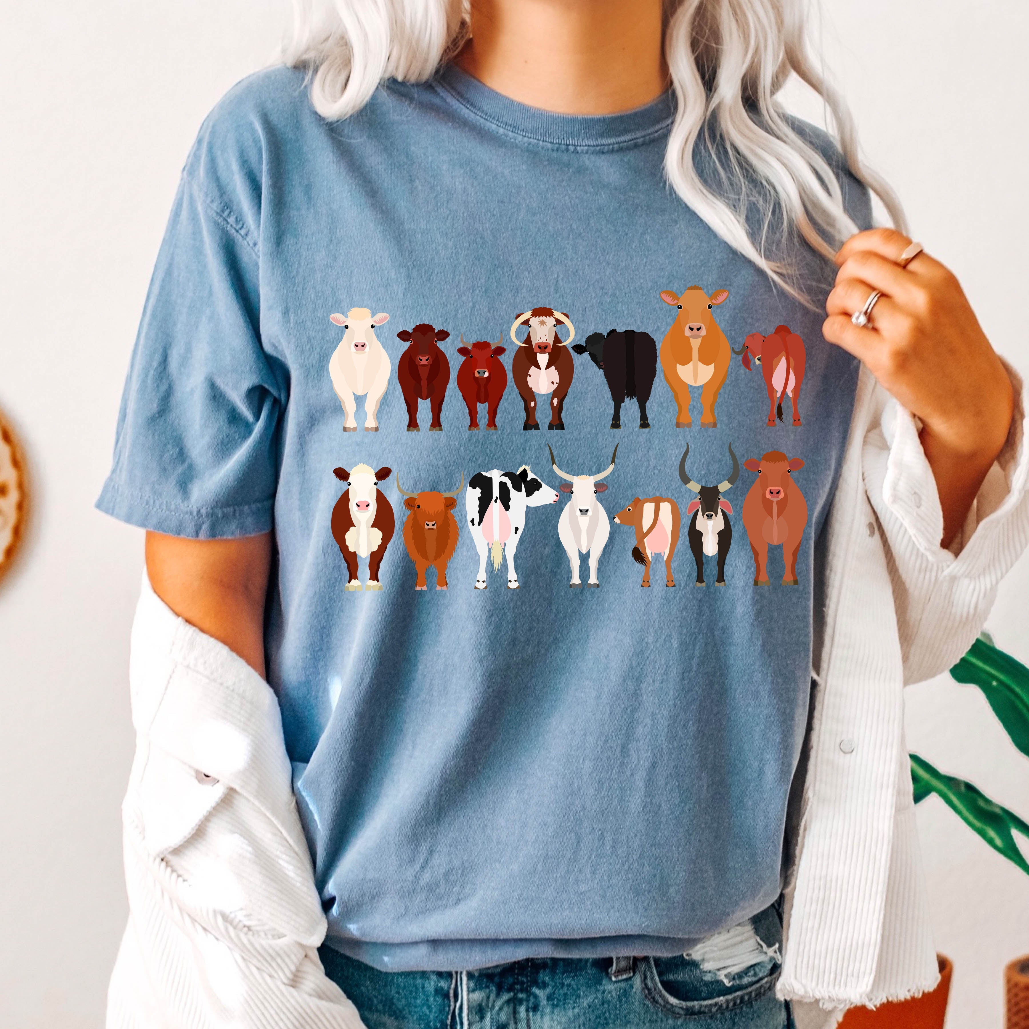 Cow Lovers Farm Animal Illustration With Multiple Cow Breeds Art Comfort Colors Tee