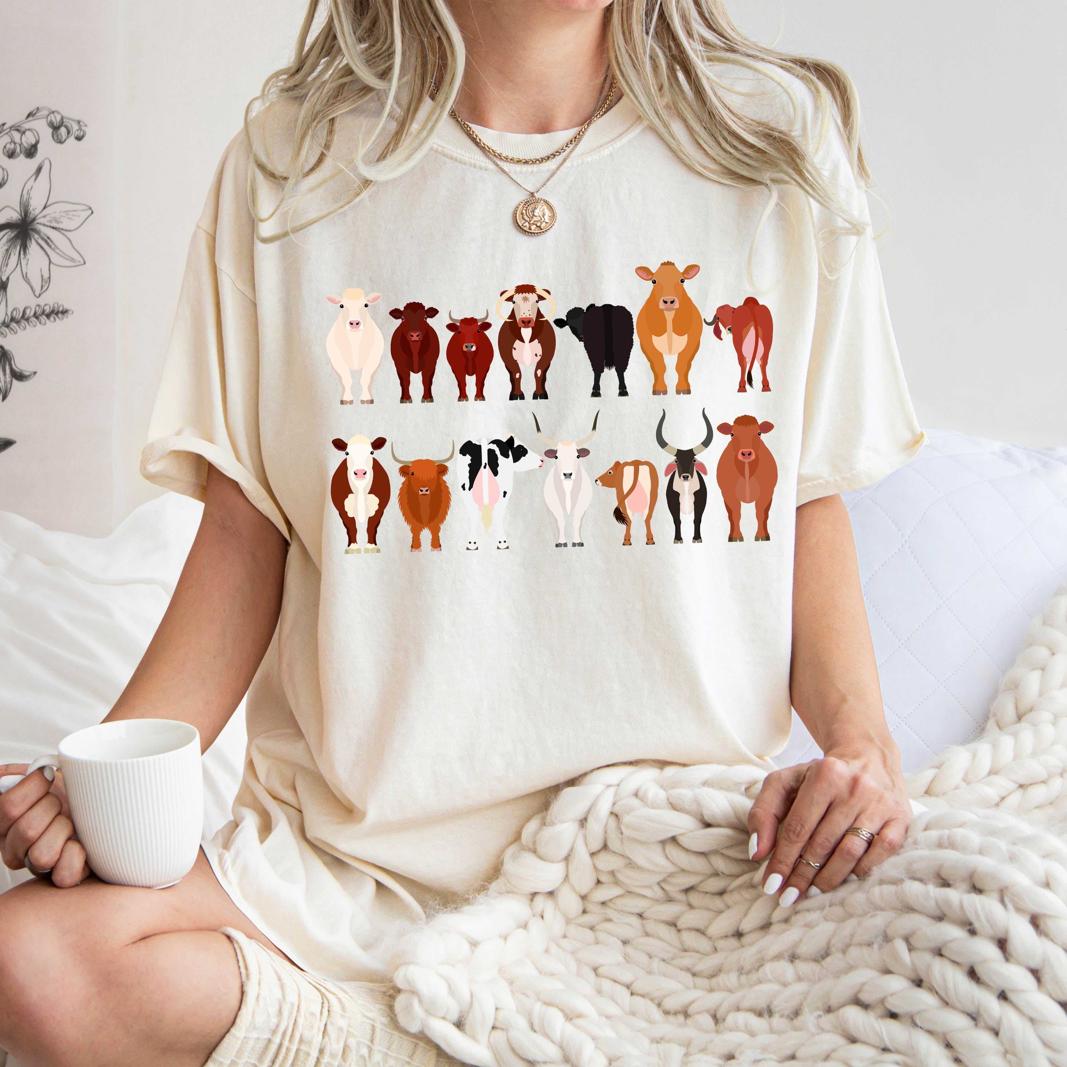Cow Lovers Farm Animal Illustration With Multiple Cow Breeds Art Comfort Colors Tee