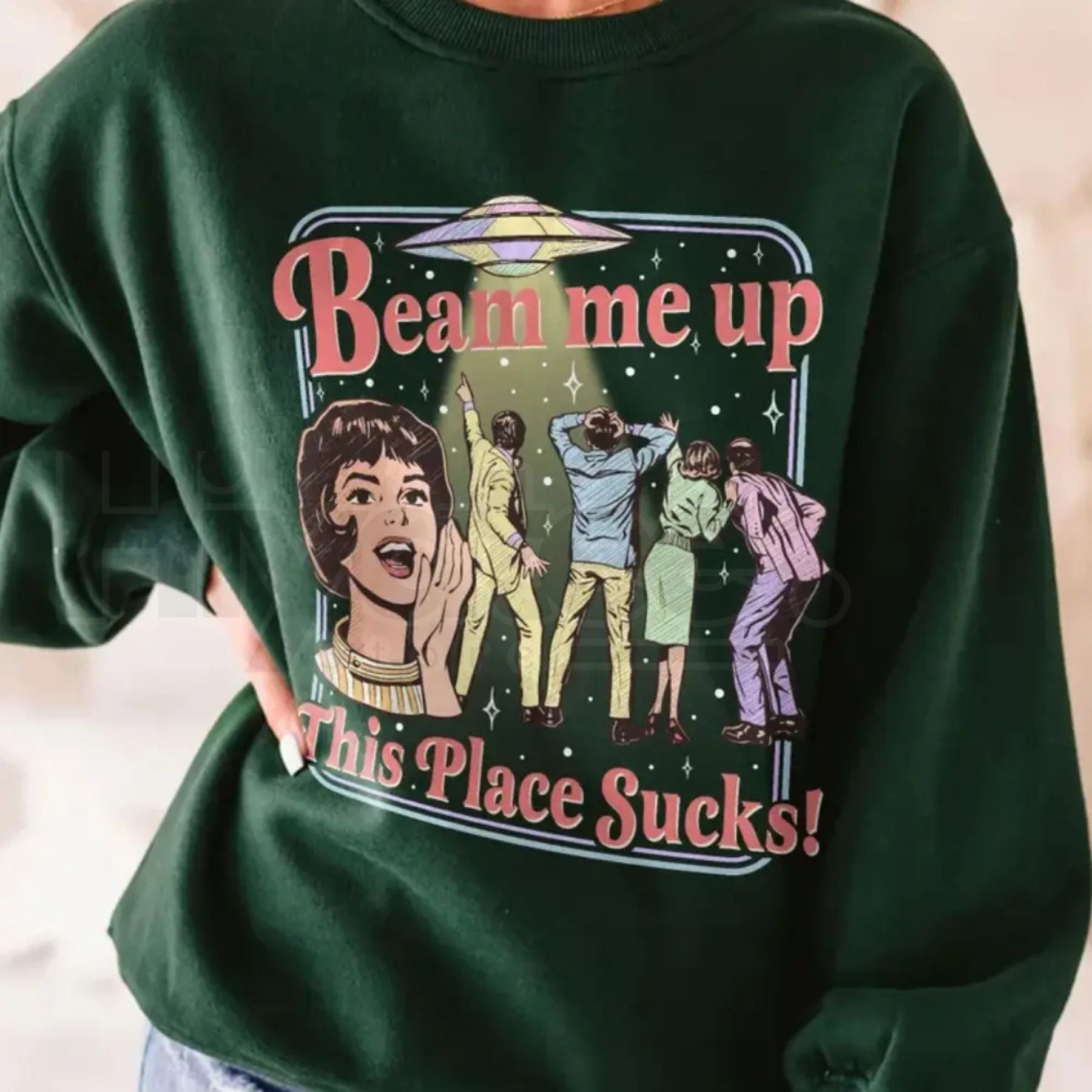 Beam Me Up This Place Sucks Sweatshirt: Funny Retro UFO Graphic Crewneck