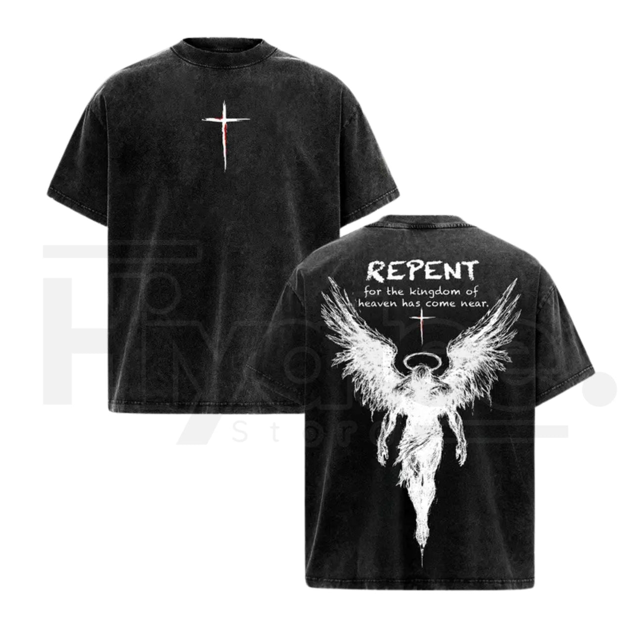 Repent Vintage Washed Oversized Christian T-Shirt – Angel Wings Faith Graphic Heavy Cotton Tee