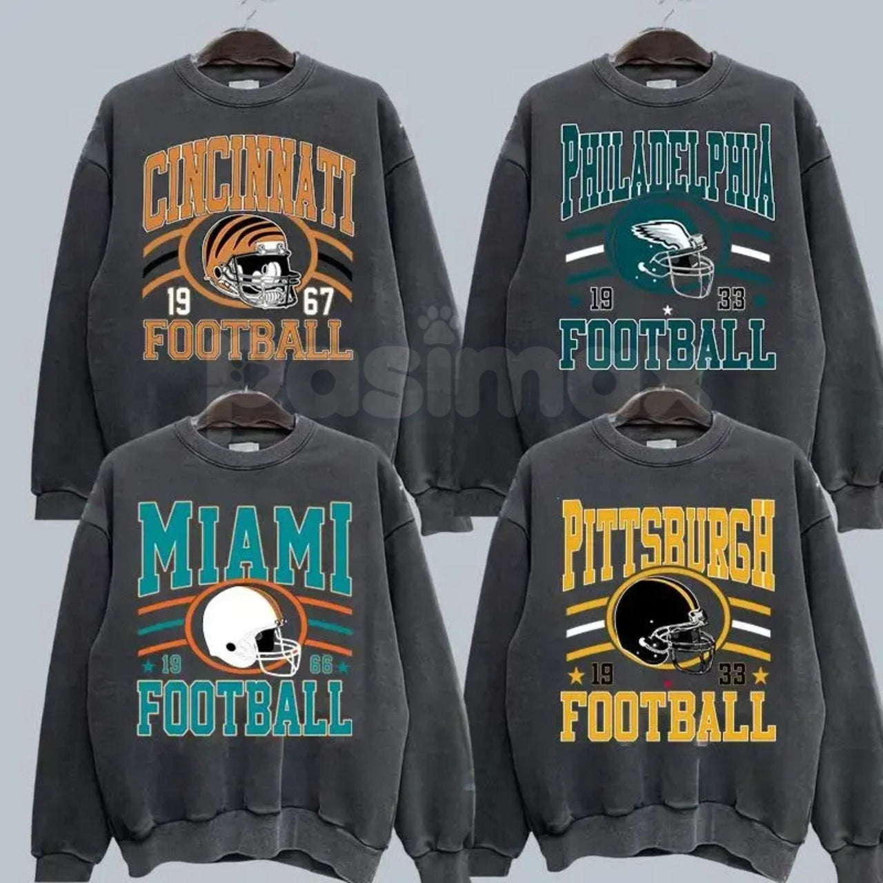 Vintage Team Football Oversized 90s Sweatshirt – Dark Heather Washed Retro Crewneck