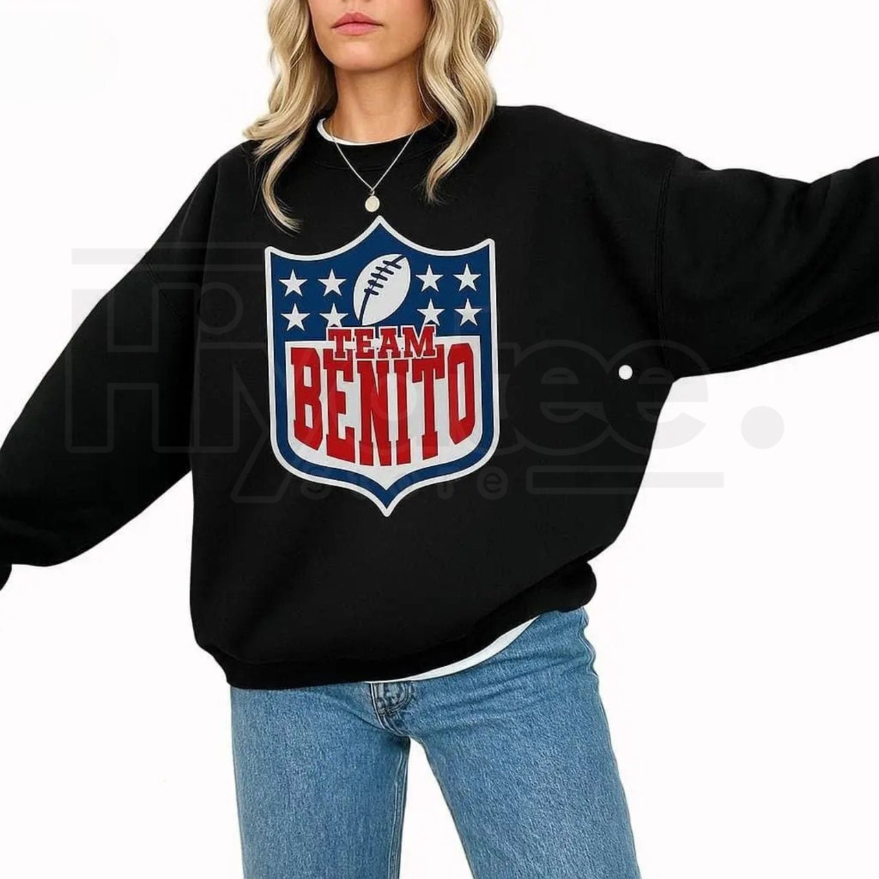 Team Benito Sweatshirt: Retro Football Shield Graphic Crewneck Pullover