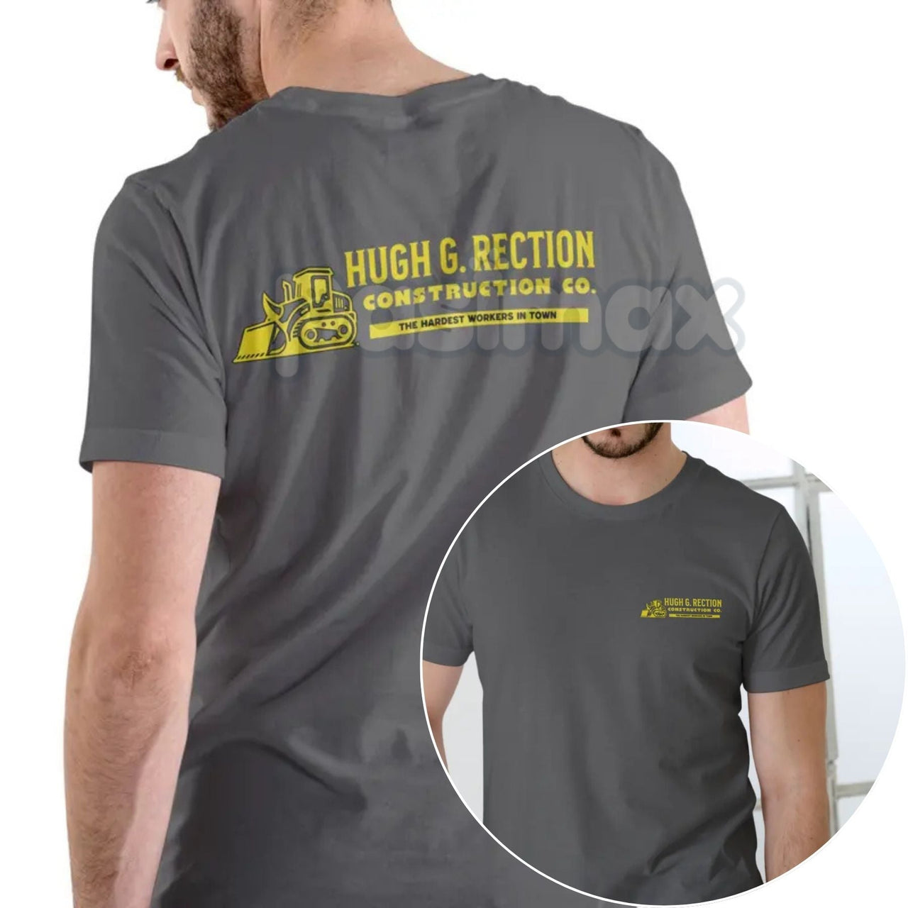 Hugh G Rection Construction Co. Funny T Shirt - Adult Humor Logo Design Tee, Unisex Cotton Black Tee for Men