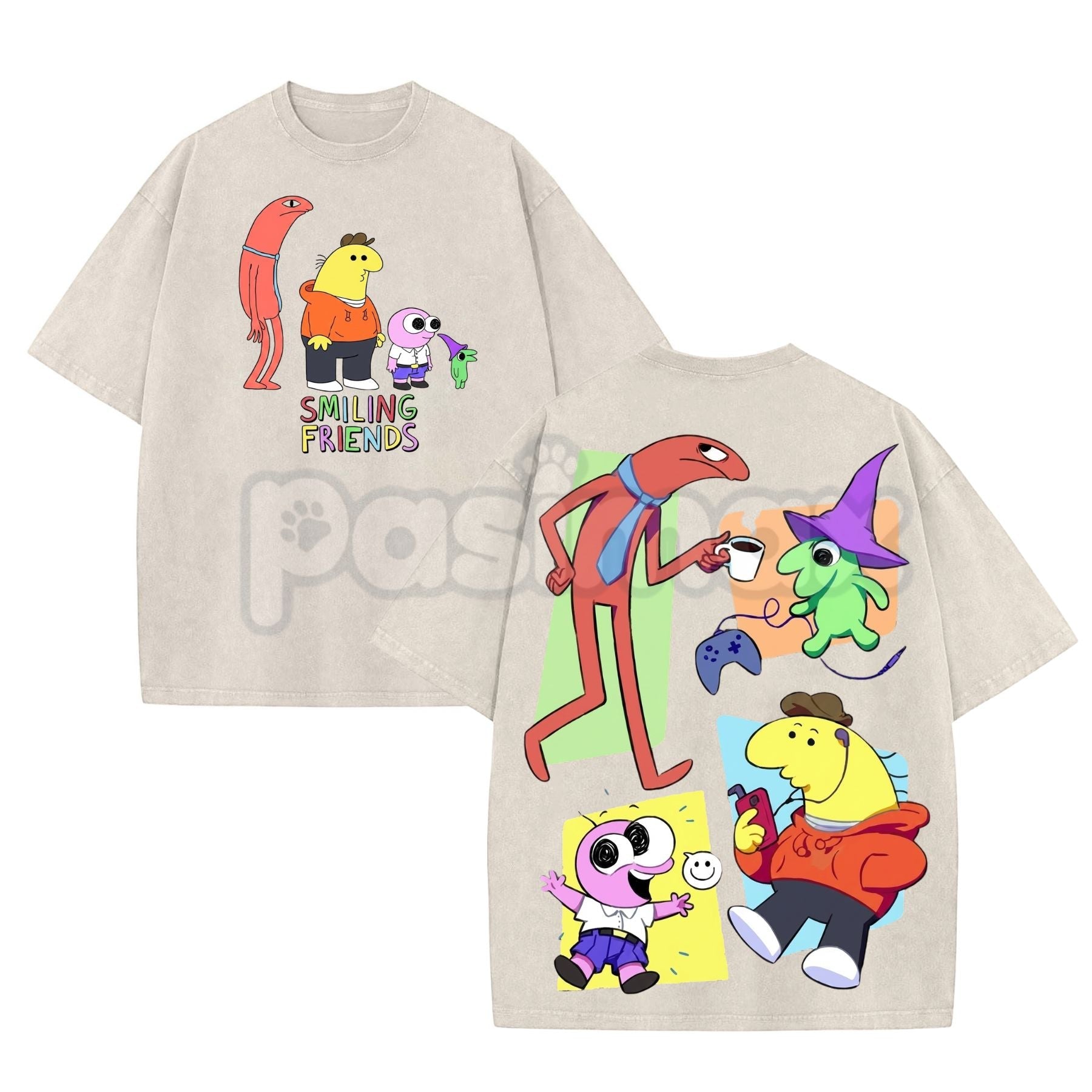 Smiling Friends Washed Cotton Shirt – Retro Season 3 Graphic Tee, Vintage Oversized Animation Merch