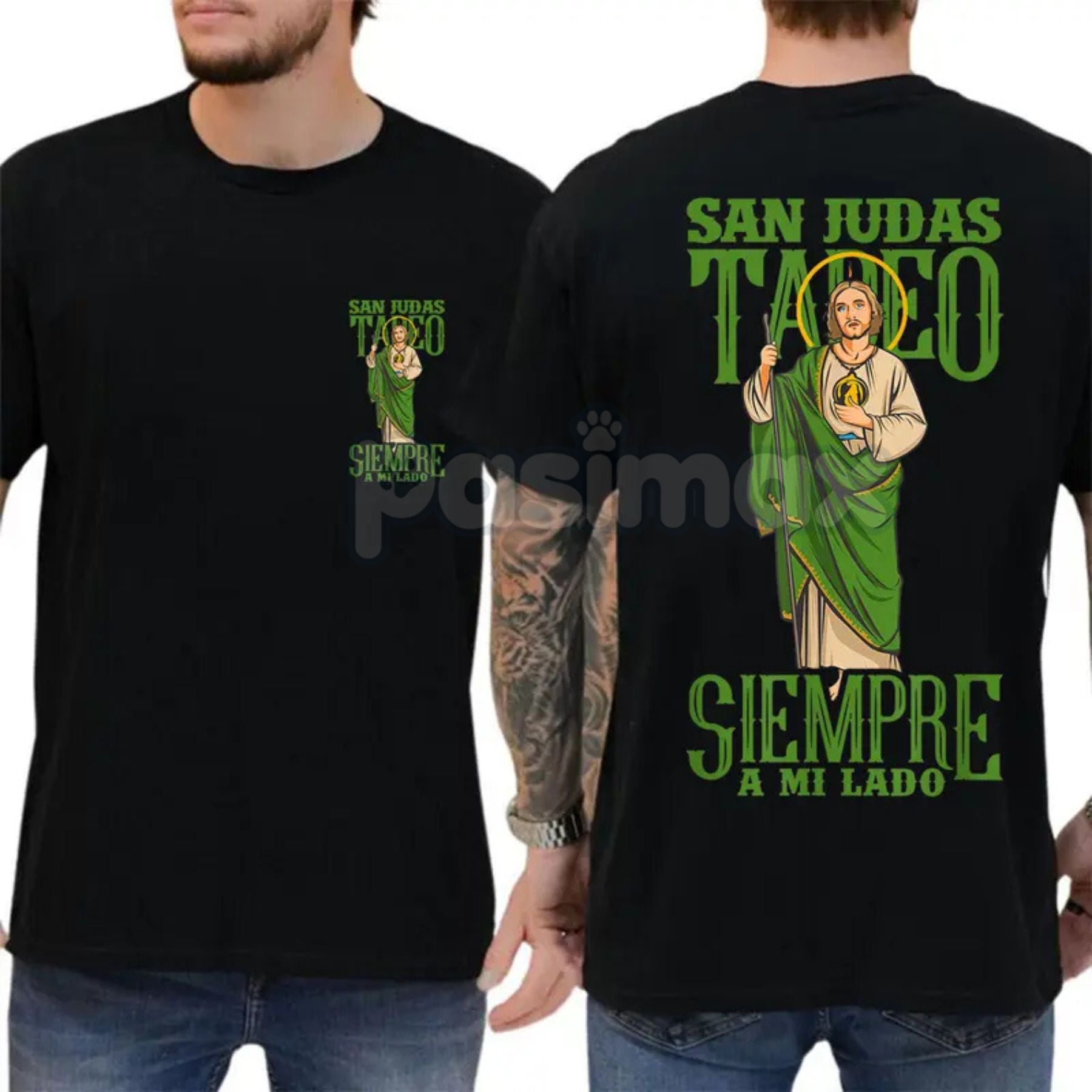 San Judas Tadeo Iconic Portrait T-Shirt - 2-Sided Latinx Faith Apparel - Vibrant Religious Graphic Tee