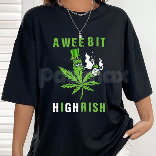 "A Wee Bit Highrish" Funny St. Patrick's Day T-Shirt - Irish Flag Slogan Graphic Tee, Premium 100% Cotton 420 Friendly Holiday Top, Humorous Lucky Clover & Pot Leaf Shirt, Soft Lived-In Heavyweight Festival Apparel, Made in USA St. Paddy's Gift