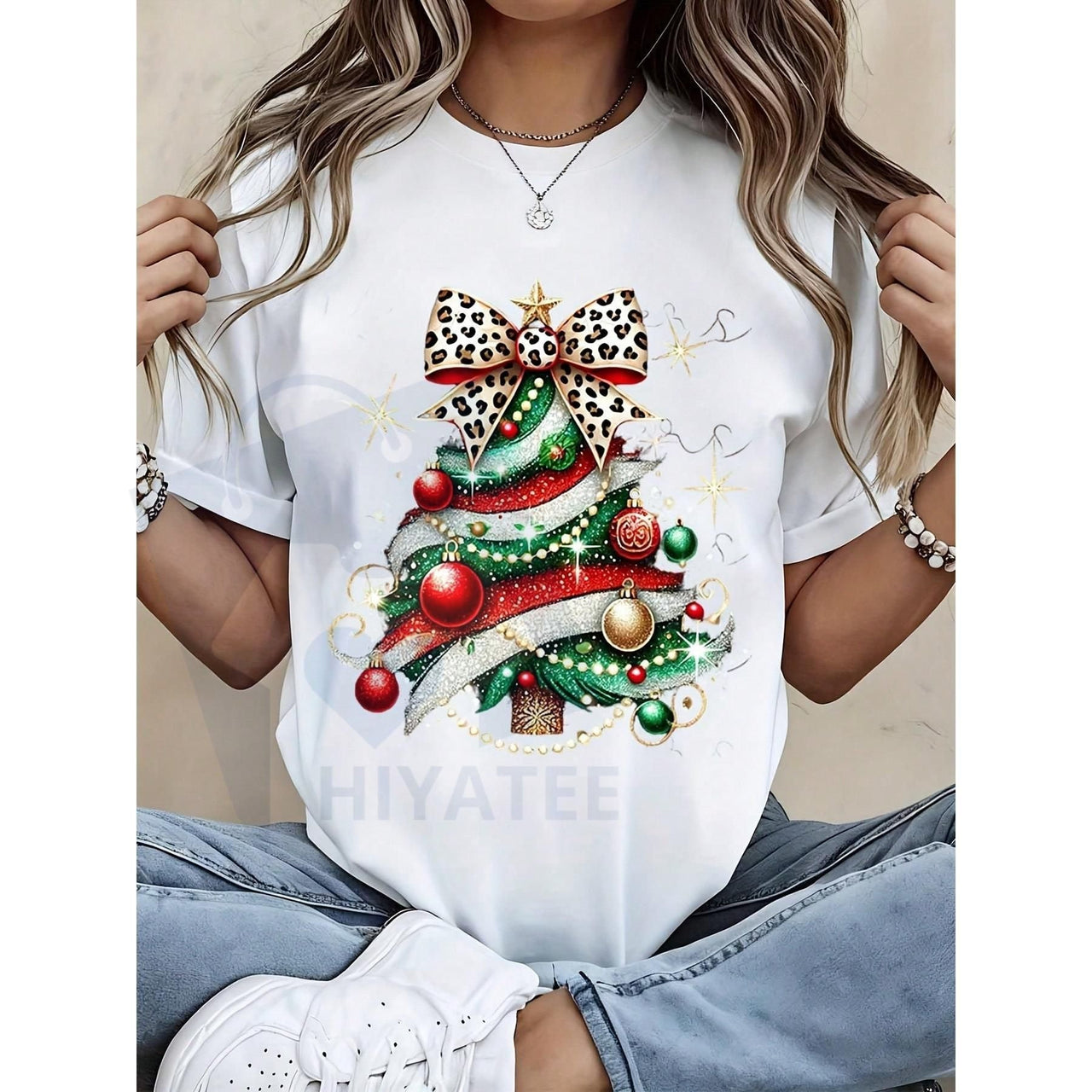 Women's Christmas Tree T-Shirt – Leopard Bow Sparkle Festive Holiday Black Casual Tee