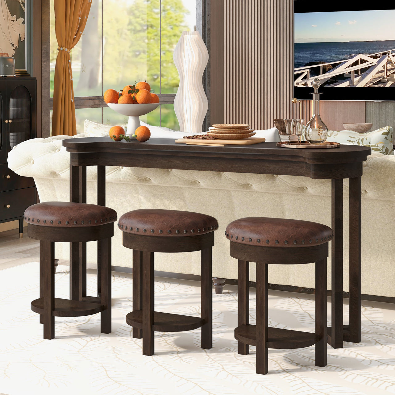 4 Piece Bar Table Set with3 PU Upholstered Bar Stools, Breakfast Table with 3 Padded Stools Solid Wood Counter Height Dining Table Set for Living Room, Dining Room.  Espresso