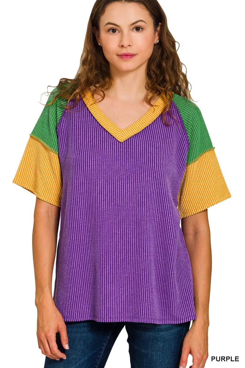 Zenana Mardi Gras Raised Rib Color Block Top