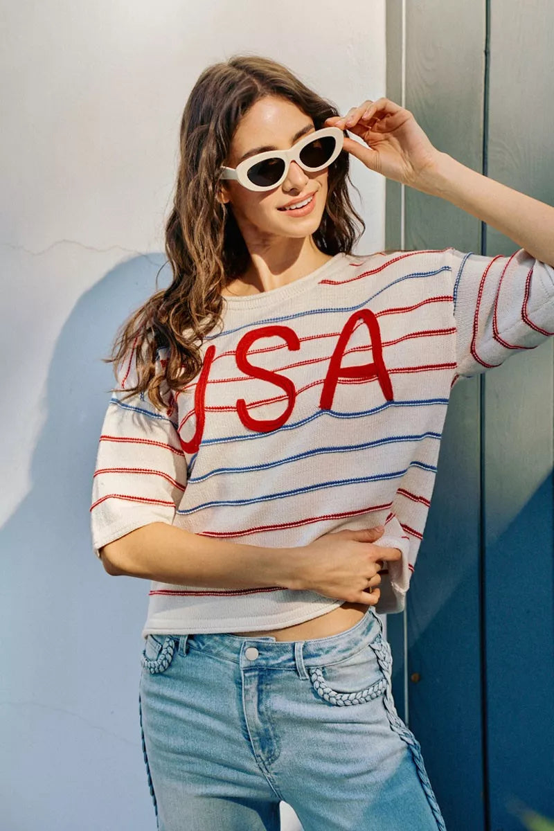 SO ME Usa Stripe Knit Short Sleeves Sweater Top
