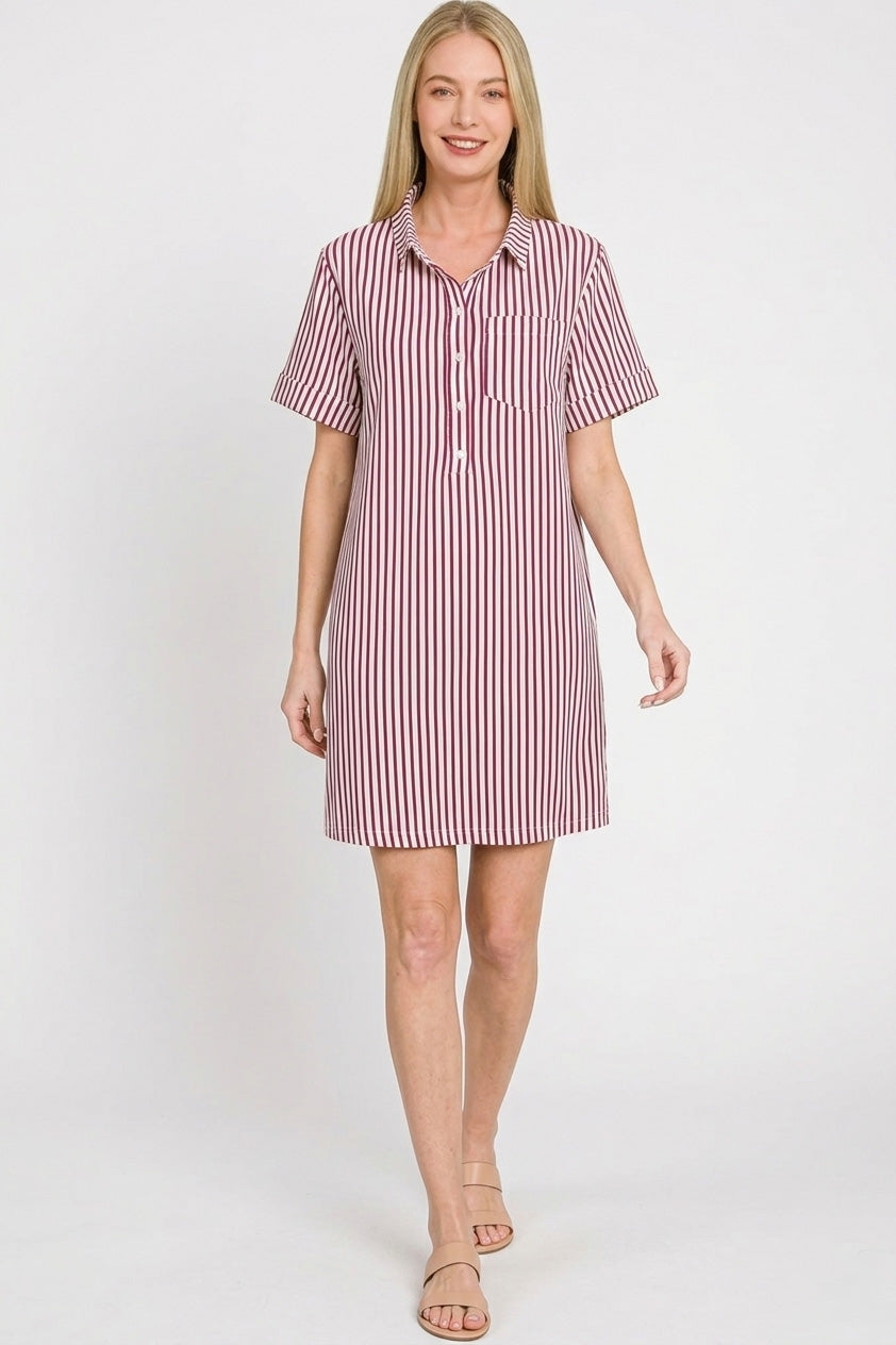 Zenana Stripe Collared Half Button Up T-Shirts Dress