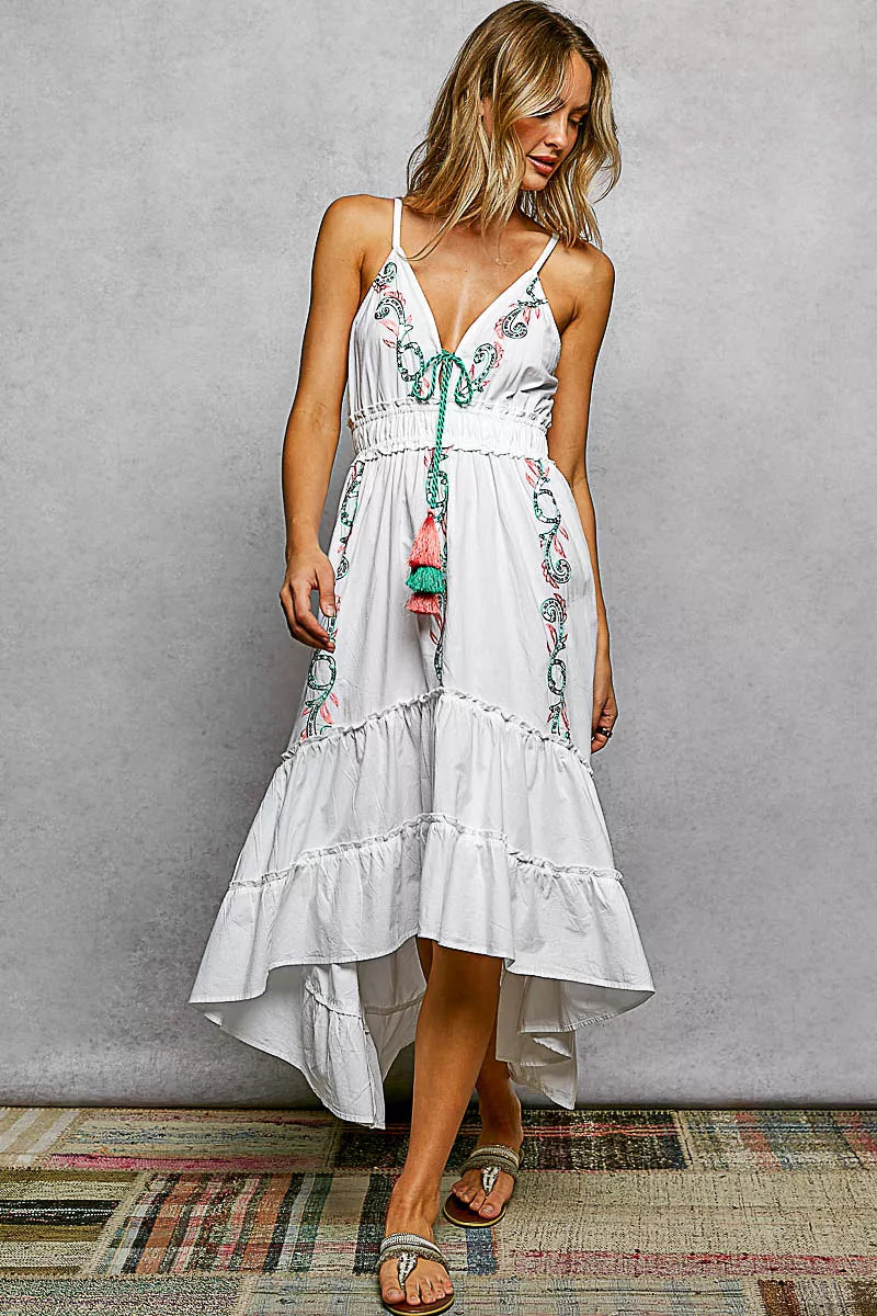 POL Embroidered Detail Tassel Tie Smocked Waist Midi Tiered Cami Dress