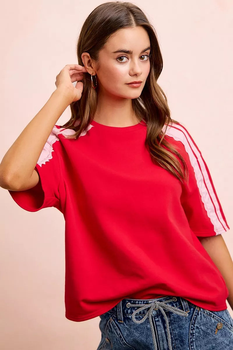 BiBi French Terry Side Lace Detail Short Sleeves Top