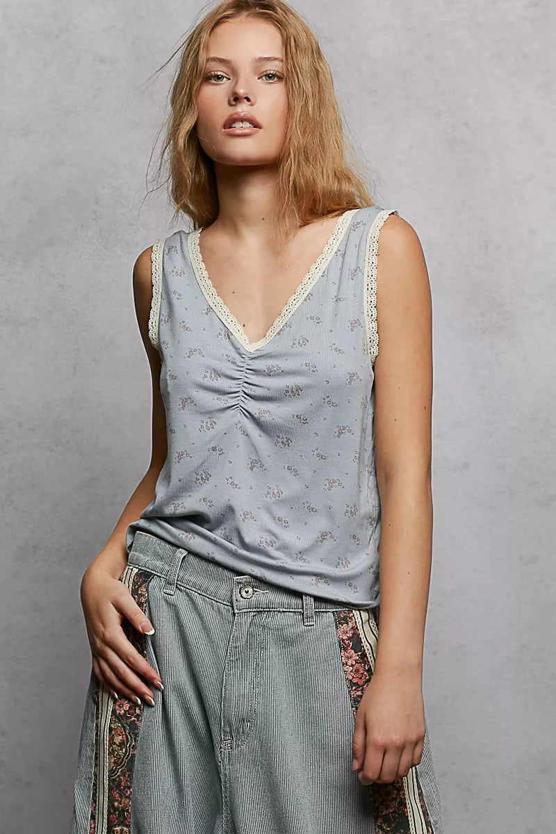 POL Ruched Floral V-Neck Tank with Lace Detail