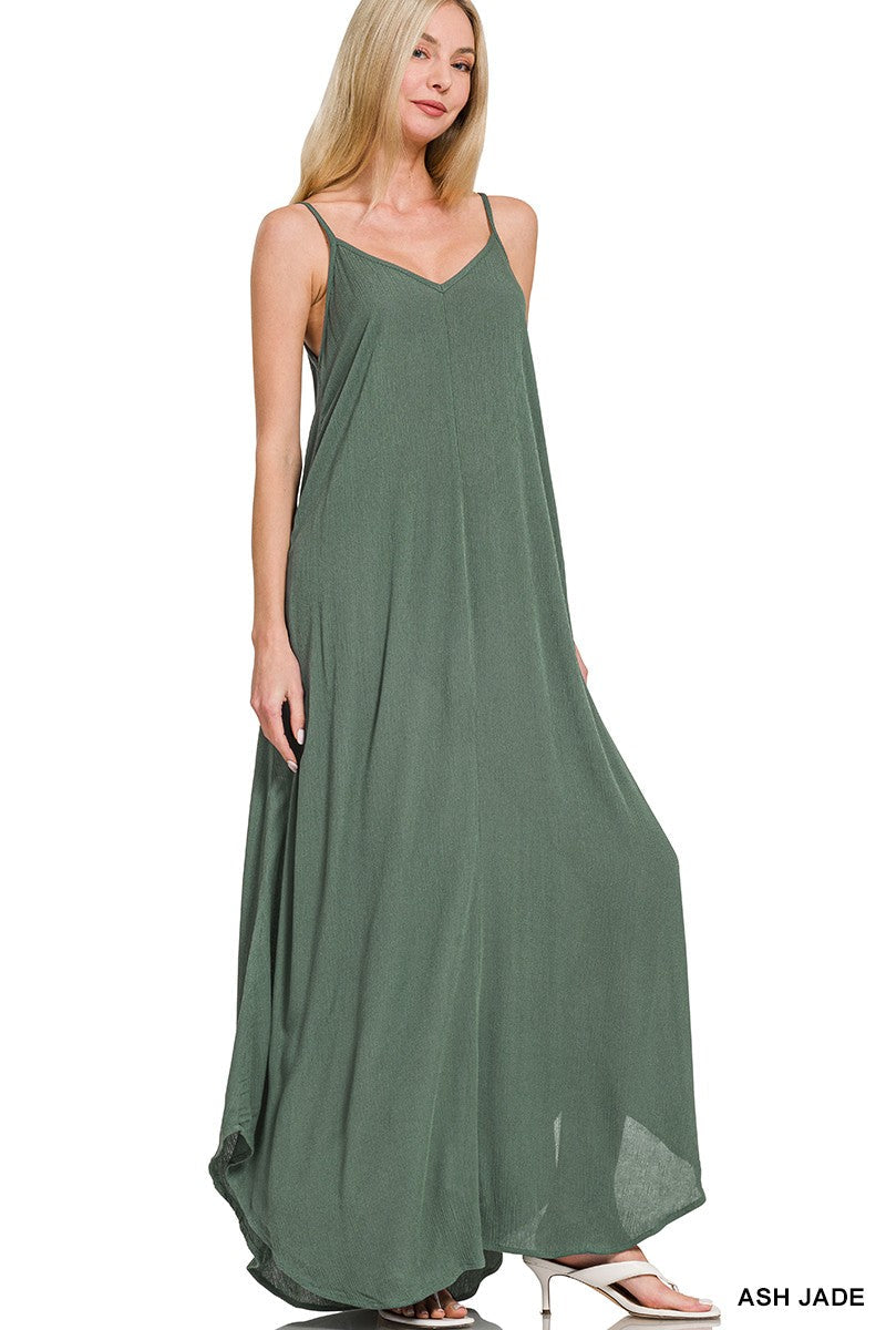 Zenana Woven Crinkle Cami Maxi Dress with Side Pockets