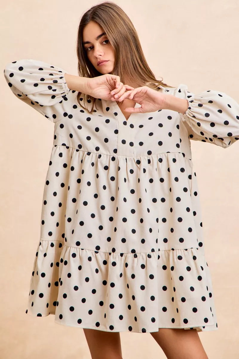 BiBi Polka Dot Corduroy Collared V Neck Dress