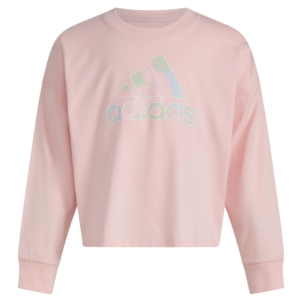adidas Girls Little Long Sleeve Waist Crew Tee T-Shirt Pink with Multicolor