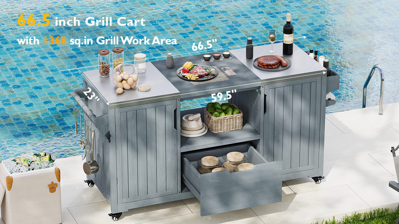 K&K 66.5' Outdoor Kitchen Island for Big Green Egg Grills, Solid Wood Outdoor Grill Cart for Tabletop Grill with Stainless Steel Top, Drawer, Compatible with Large Big Green Egg, Kamado Joe- Grey Blue