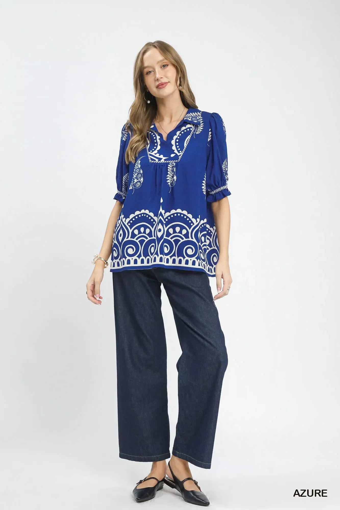 Umgee Printed Puff Sleeve Split Neck Top
